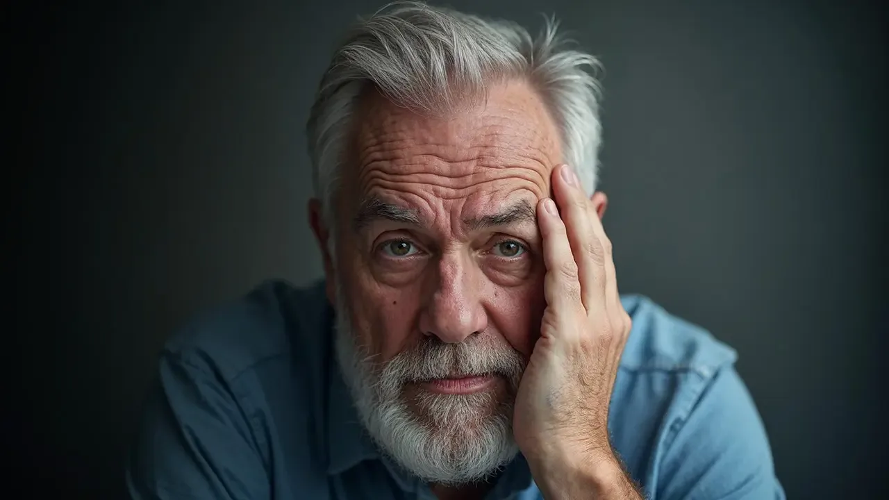 Older man pressing a hand to the side of his head.