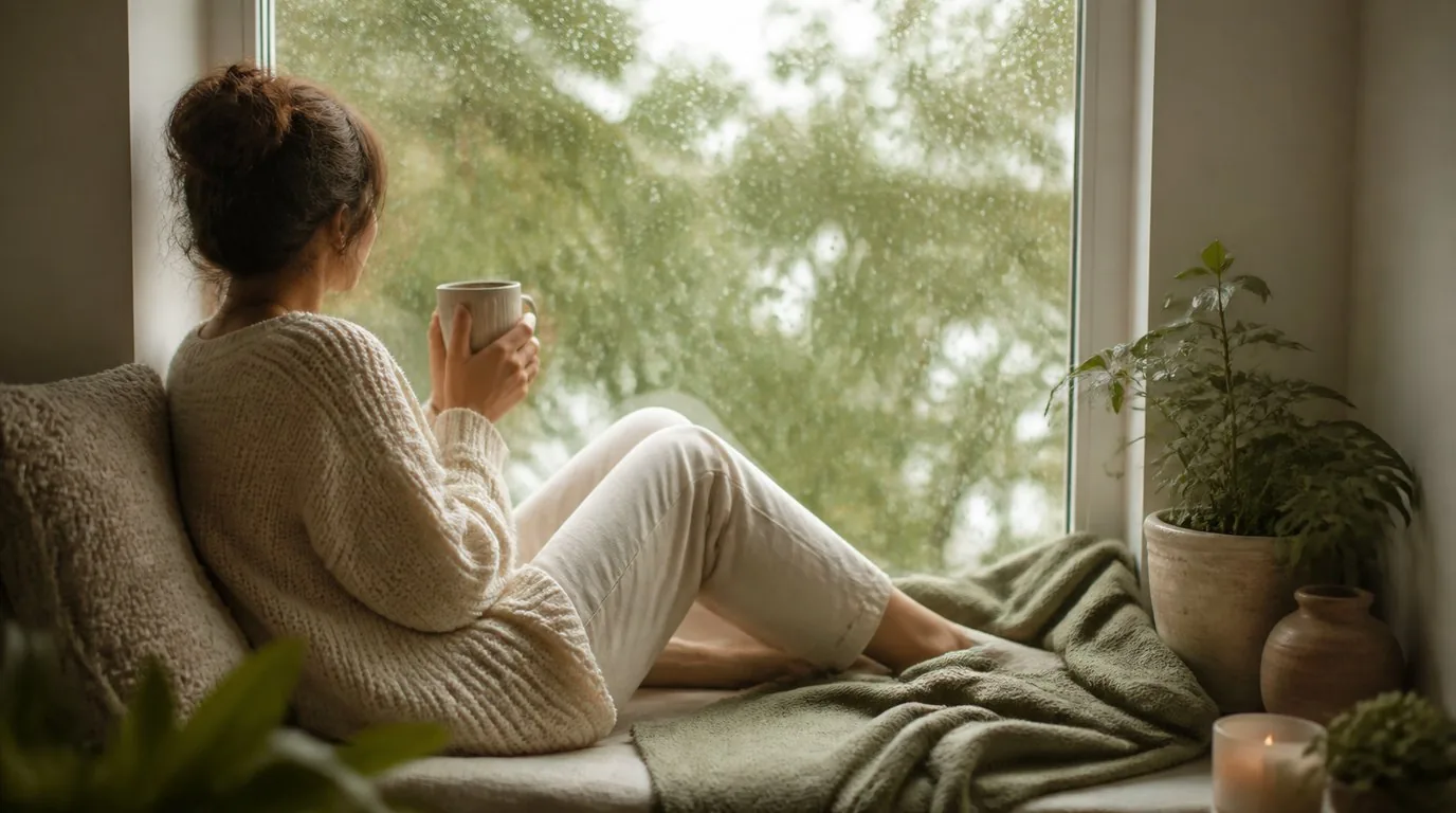 A person in a cream sweater resting by a rainy window with a warm mug in Portland