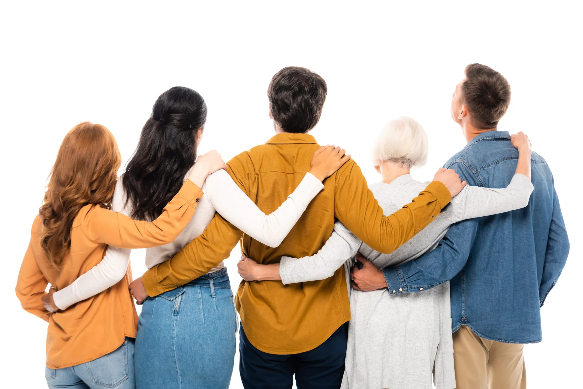 A group of friends standing arm in arm, seen from behind.