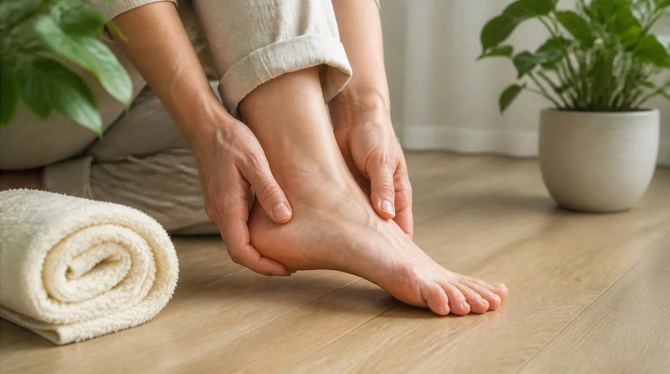 A person sitting on a wood floor holding their bare foot at the heel and arch